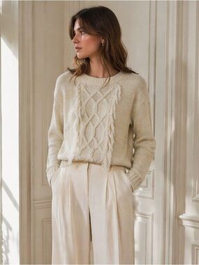 Ellison Cableknit Fringe Sweater Honey NEW Size Small